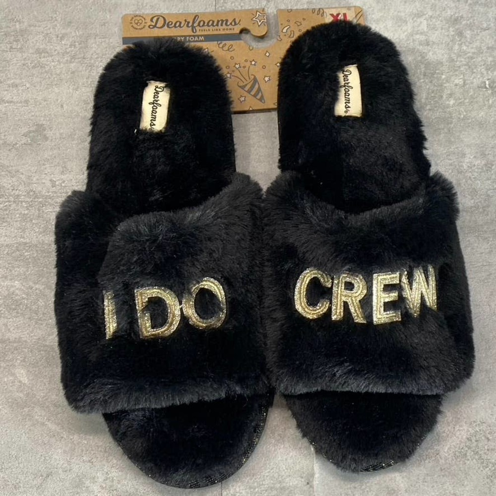 Dearfoams Women's Black Faux-Fur Memory Foam I do Crew Slide Slippers SZ XL - Picture 2 of 9